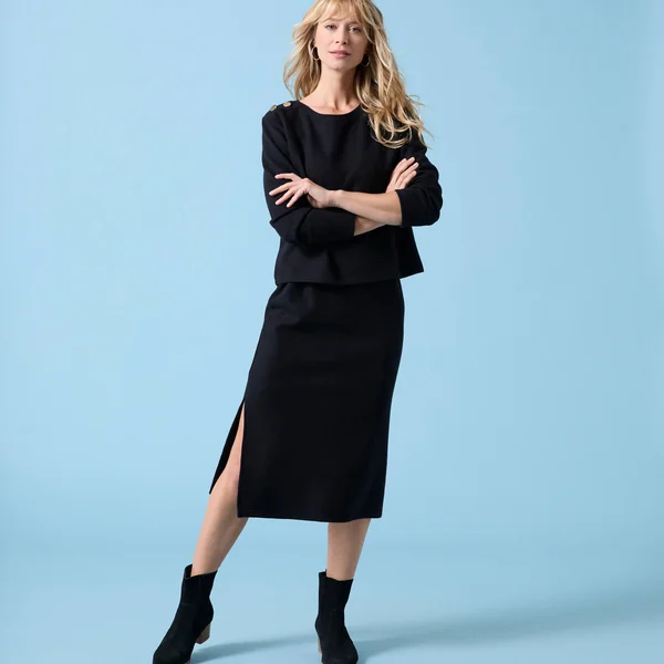 T-shirt Spécial Petites uni, détails boutons sur l'épaule, maille grattée, noir
