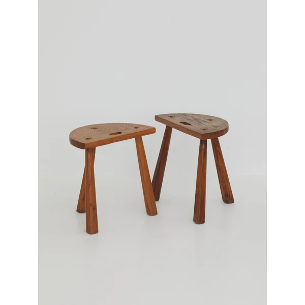 Two French Artisanal Solid Wood Half-moon Tripod Stools, Circa 1950