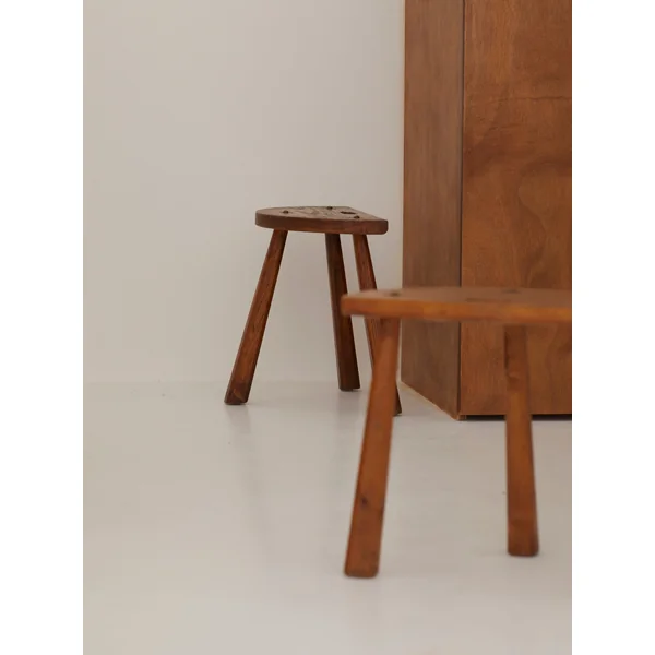 Two French Artisanal Solid Wood Half-moon Tripod Stools, Circa 1950
