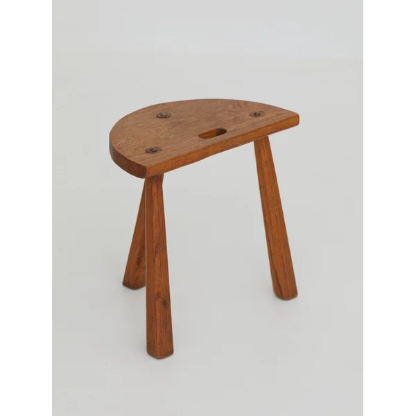 Two French Artisanal Solid Wood Half-moon Tripod Stools, Circa 1950