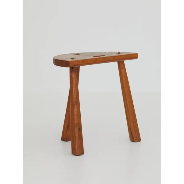 Two French Artisanal Solid Wood Half-moon Tripod Stools, Circa 1950