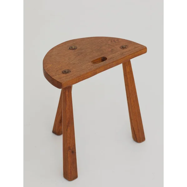 Two French Artisanal Solid Wood Half-moon Tripod Stools, Circa 1950