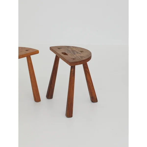 Two French Artisanal Solid Wood Half-moon Tripod Stools, Circa 1950
