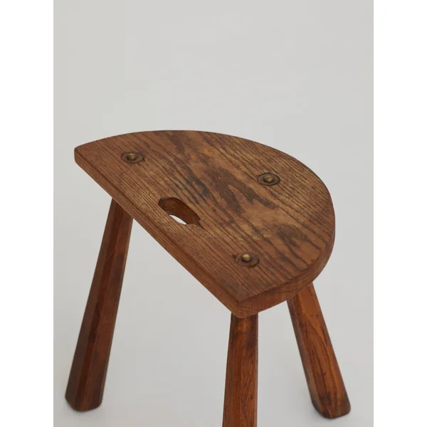 Two French Artisanal Solid Wood Half-moon Tripod Stools, Circa 1950