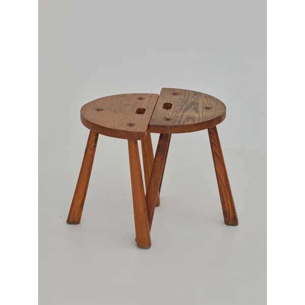 Two French Artisanal Solid Wood Half-moon Tripod Stools, Circa 1950