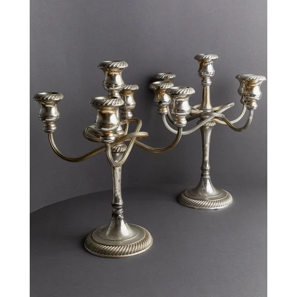 Vintage 1950s Silver Plated Candleholders, Set of 2, Large Five Arm Curved Design