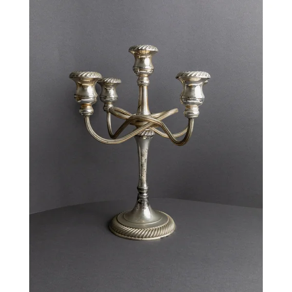Vintage 1950s Silver Plated Candleholders, Set of 2, Large Five Arm Curved Design