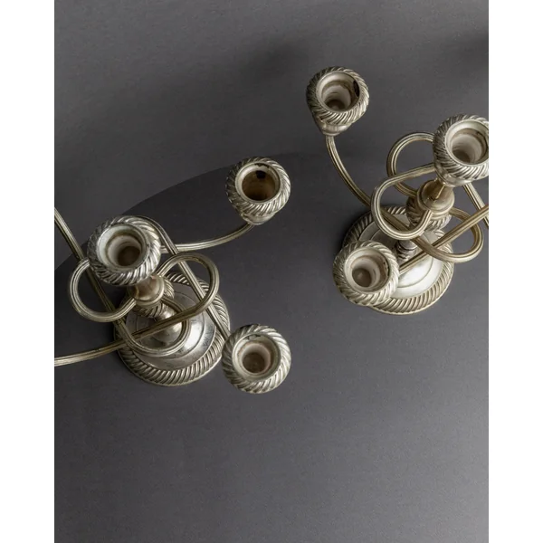 Vintage 1950s Silver Plated Candleholders, Set of 2, Large Five Arm Curved Design
