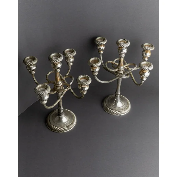 Vintage 1950s Silver Plated Candleholders, Set of 2, Large Five Arm Curved Design