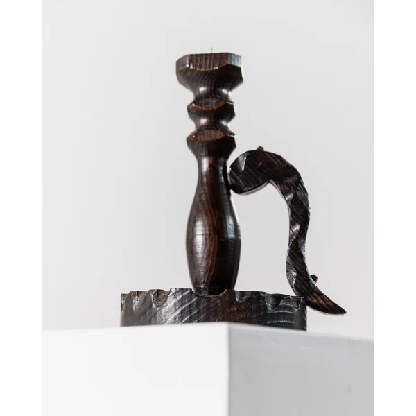 Vintage 1960s Wooden Candleholder, Handcarved Dark Wood, Brutalist Italian Design