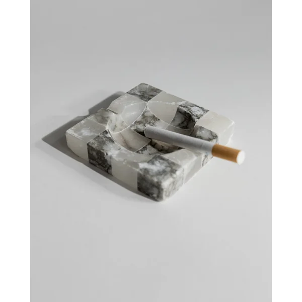 Vintage 1970s Marble Smoking Set, 2 Ashtrays and 1 Cigarette Box, Grey White Checkered