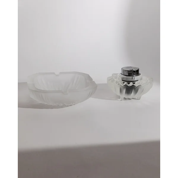 Vintage 1970s Smoking Set, Ashtray and Table Lighter, Frosted Textured Glass, Shell Shape