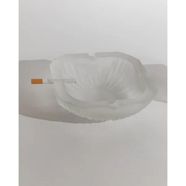 Vintage 1970s Smoking Set, Ashtray and Table Lighter, Frosted Textured Glass, Shell Shape