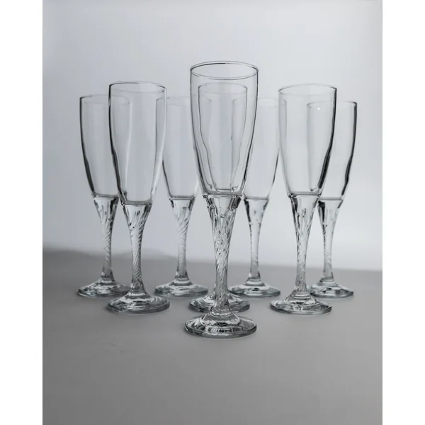 Vintage 1980s Champagne Glasses Set of 8, Flutes, Clear Glass, Swirled Stem, Gift Idea
