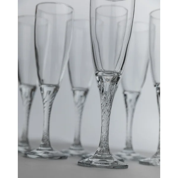 Vintage 1980s Champagne Glasses Set of 8, Flutes, Clear Glass, Swirled Stem, Gift Idea