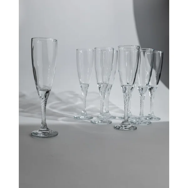 Vintage 1980s Champagne Glasses Set of 8, Flutes, Clear Glass, Swirled Stem, Gift Idea