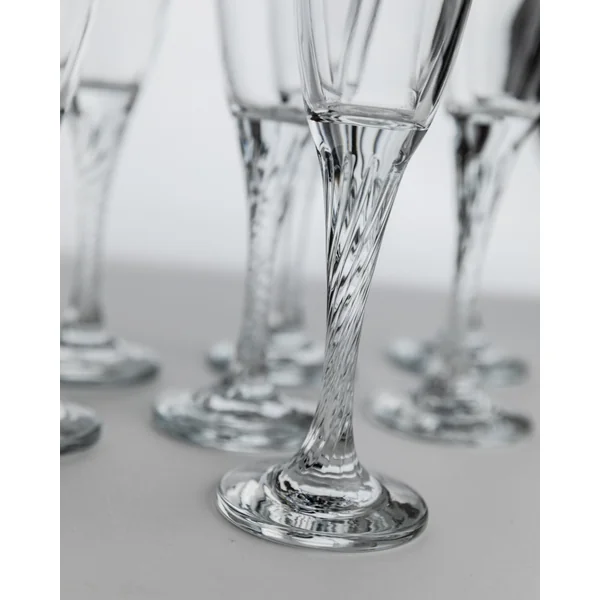 Vintage 1980s Champagne Glasses Set of 8, Flutes, Clear Glass, Swirled Stem, Gift Idea