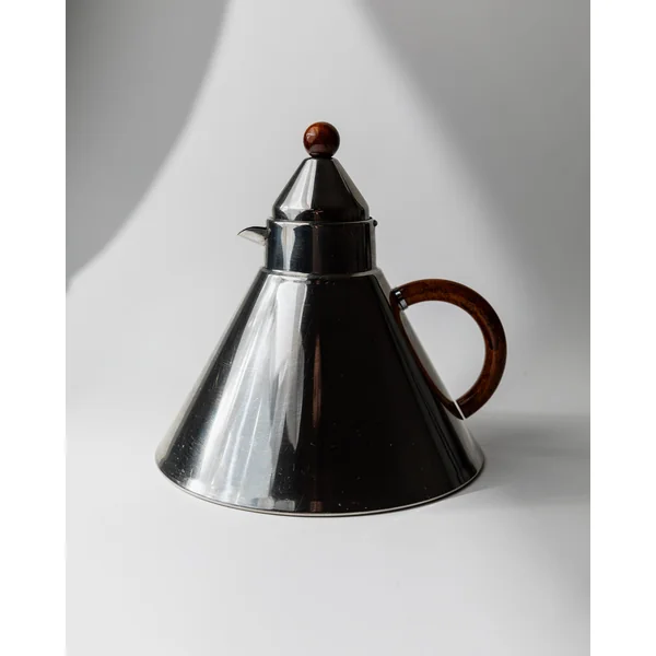 Vintage 1980s Stainless Steel Kettle, Geometric Design with Brown Handle Details