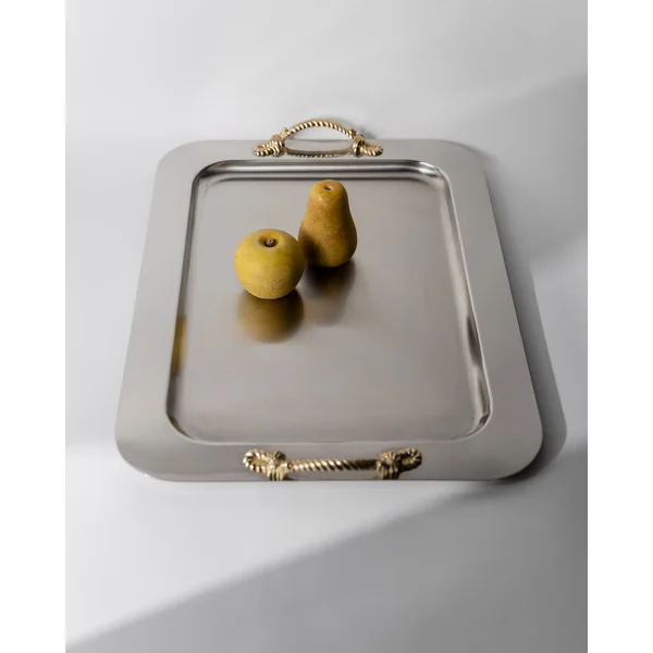 Vintage 1980s Stainless Steel Tray, Gold Rope Handles by Inoxpran Italy, Retro Serveware