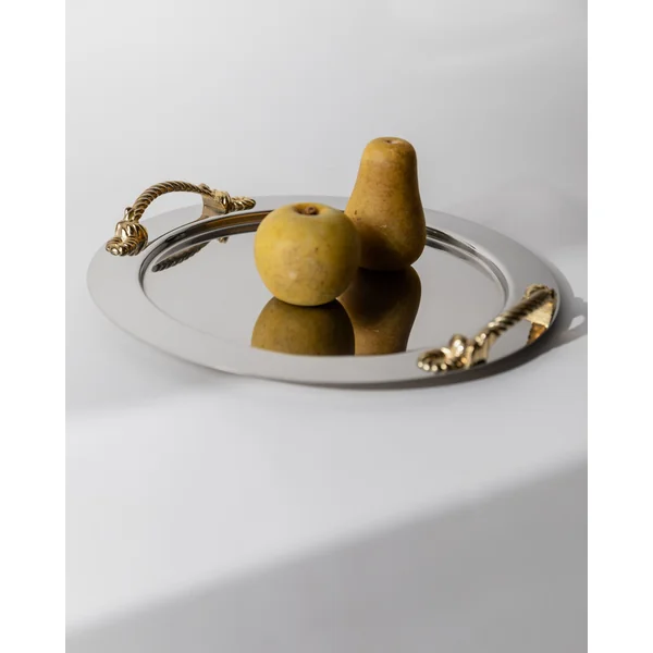 Vintage 1980s Stainless Steel Tray round, Gold Rope Handles by Inoxpran Italy