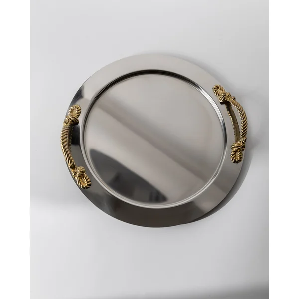 Vintage 1980s Stainless Steel Tray round, Gold Rope Handles by Inoxpran Italy
