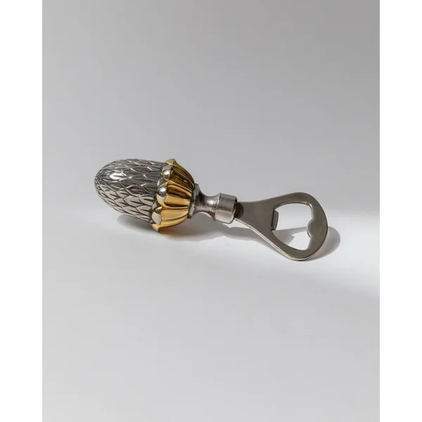 Vintage Bottle Opener Silver Plated with Acorn Shape with Golden Details, Design Italy 80s