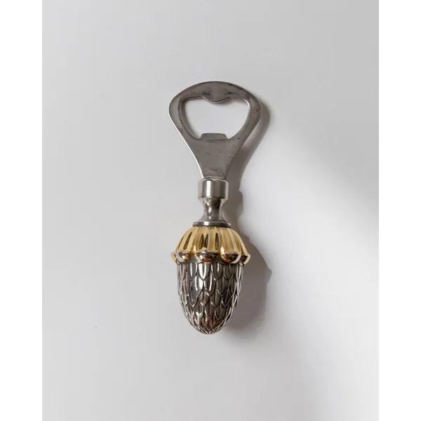 Vintage Bottle Opener Silver Plated with Acorn Shape with Golden Details, Design Italy 80s