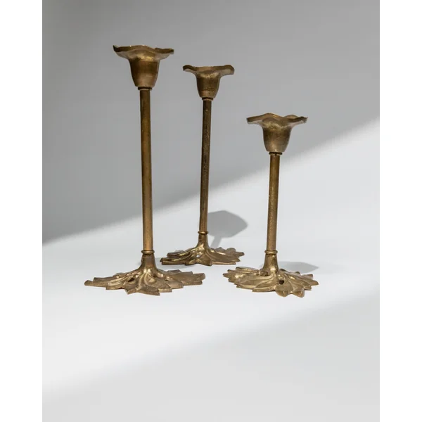 Vintage Candle Holders Set of 3, Brass, Art Nouveau Flower and Leaf Shape, Italy 1940s