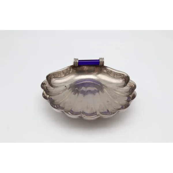 Vintage Silver-Plated Shell Valet Tray – Cobalt Glass Accent