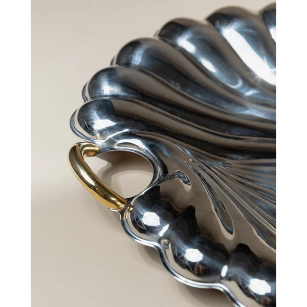 Vintage Tray Stainless Steel - Polished Shell Shape, Golden Details - Becchetti Design 80s