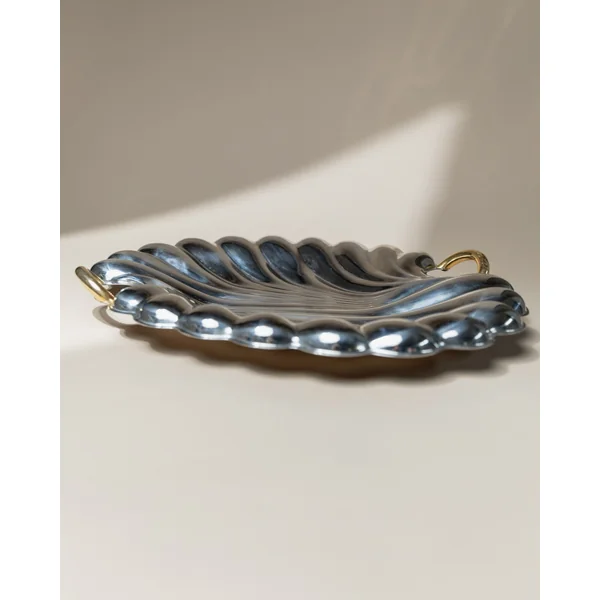 Vintage Tray Stainless Steel - Polished Shell Shape, Golden Details - Becchetti Design 80s