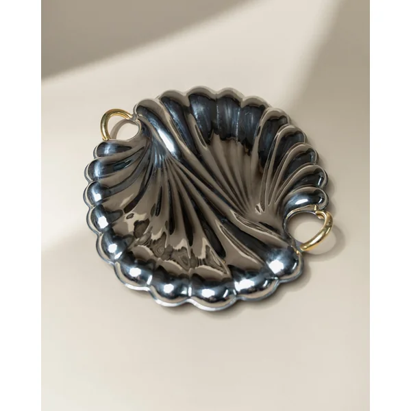Vintage Tray Stainless Steel - Polished Shell Shape, Golden Details - Becchetti Design 80s