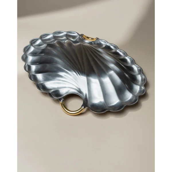 Vintage Tray Stainless Steel - Polished Shell Shape, Golden Details - Becchetti Design 80s