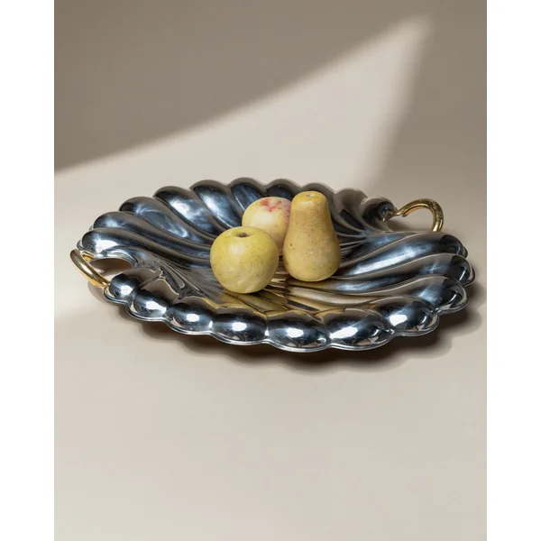 Vintage Tray Stainless Steel - Polished Shell Shape, Golden Details - Becchetti Design 80s